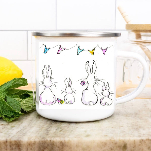 Bunny Rabbits Enamel Mug designed by artist Sheila Gill
