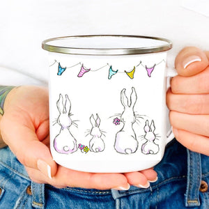 White Bunny Rabbits with bunting Enamel Tin Mug designed by artist Sheila Gill
