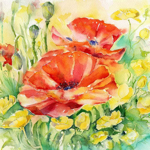 Buttercup & Poppies Greeting Card designed by artist Sheila Gill