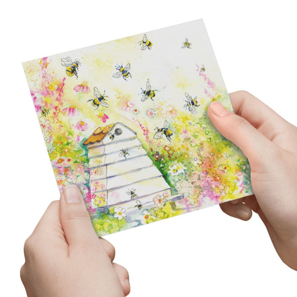 Buzzy Bee Hive Greeting Card designed by artist Sheila Gill