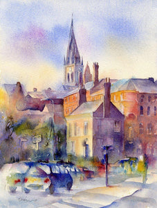 The Crooked Spire, Chesterfield, Derbyshire Watercolour Art Print designed by artist Sheila Gill
