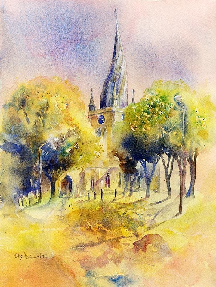 The Crooked Spire, Chesterfield Derbyshire Watercolour Art Print designed by artist Sheila Gill
