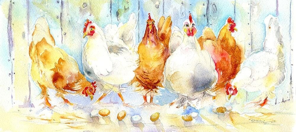 Chickens Farmyard Art Picture Watercolour designed by artist Sheila Gill
