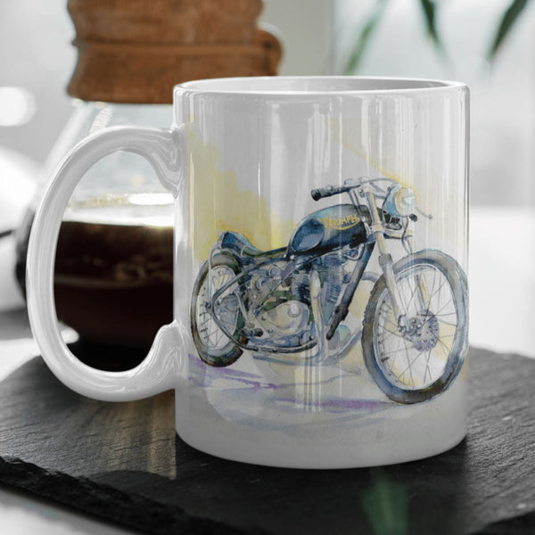 Black Classic Vintage British Motorbike Ceramic Mug designed by artist Sheila Gill