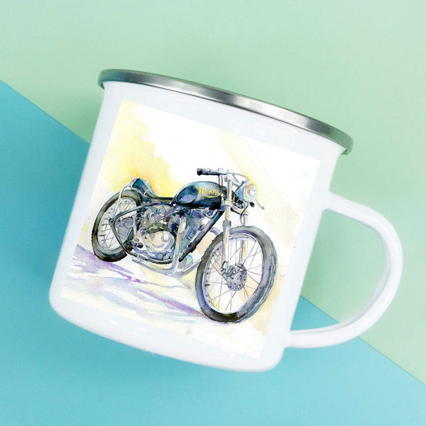 Classic Motorbike Enamel Mug designed by artist Sheila Gill