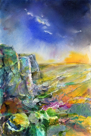 Clearing Skies - Curbar Edge, Peak District Watercolour landscape Art Print by artist Sheila Gill
