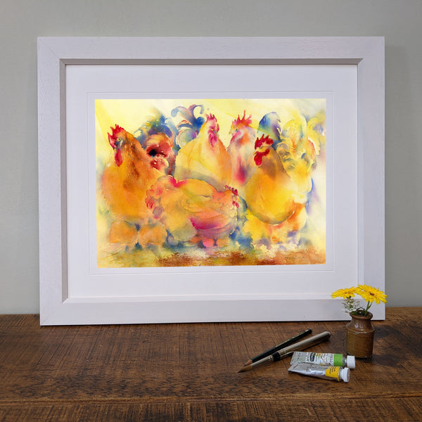 Cochin Chickens Art Print Framed farmyard picture int design designed by artist Sheila Gill