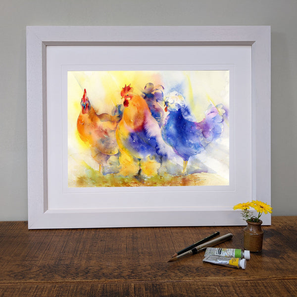 Colourful Chickens Framed Art Print interior design painted by artist Sheila Gill