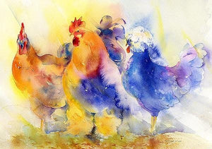 Colourful Chickens Art Picture watercolour farmyard animal print  designed by artist Sheila Gill

