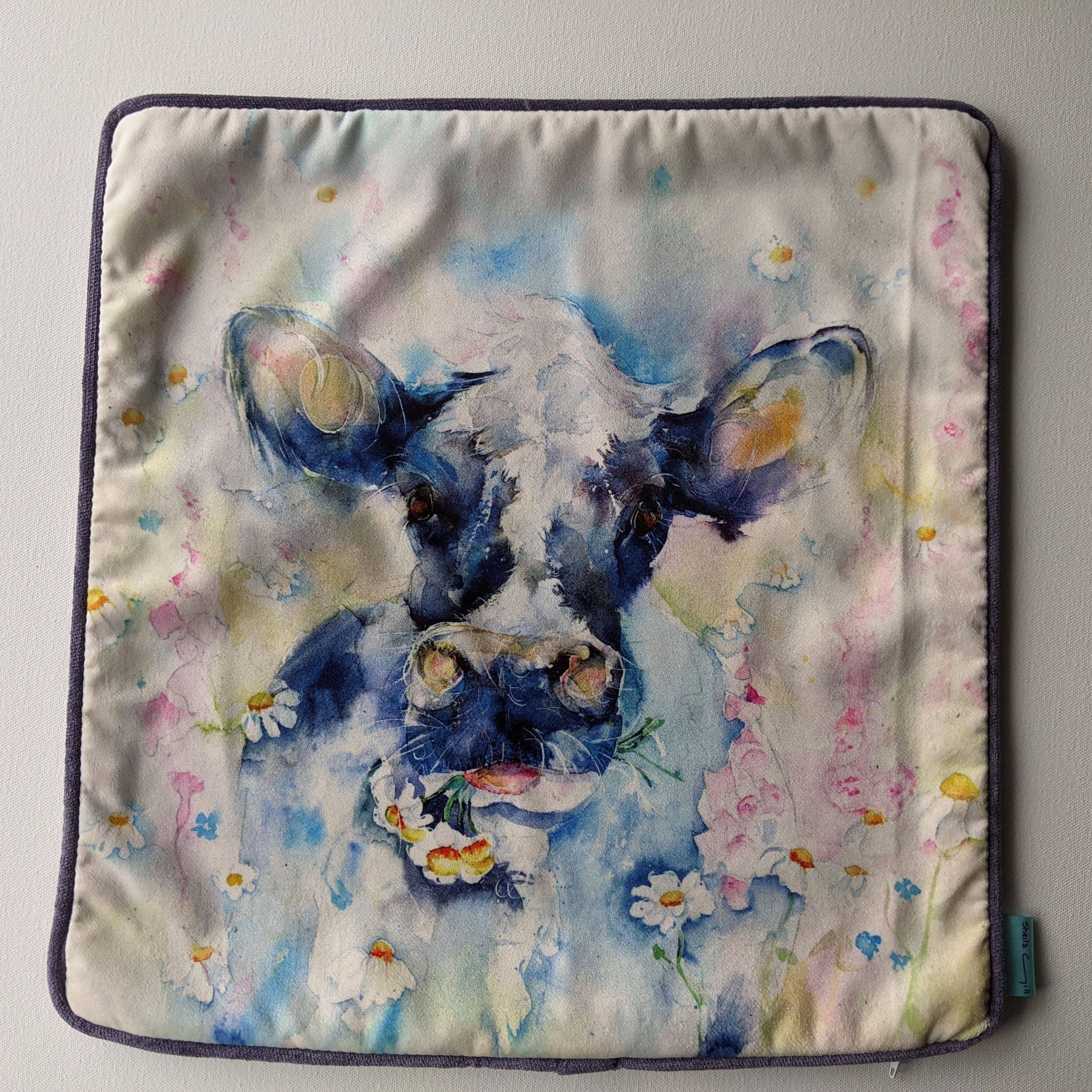 Cushion Cover Only 16 x 16 inches Cow with Flowers Cushion Sheila Gill Fine Art