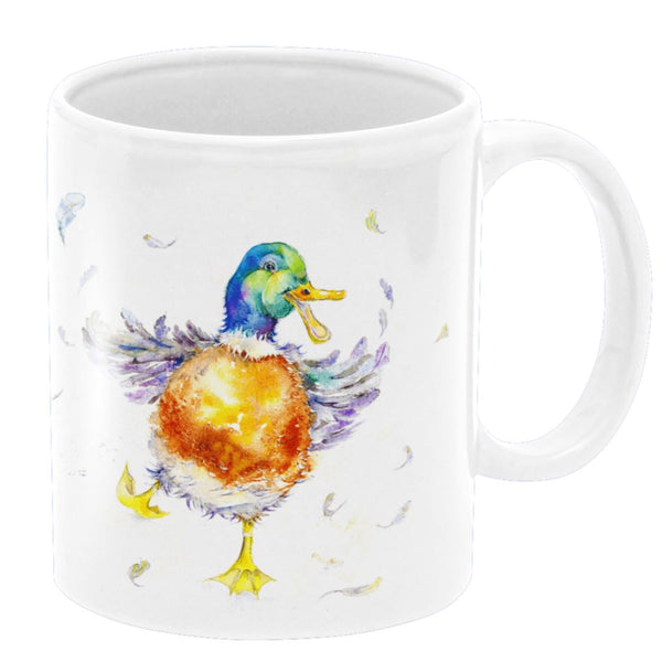Quirky Funny Duck Ceramic Mug artist painted designed by artist Sheila Gill
