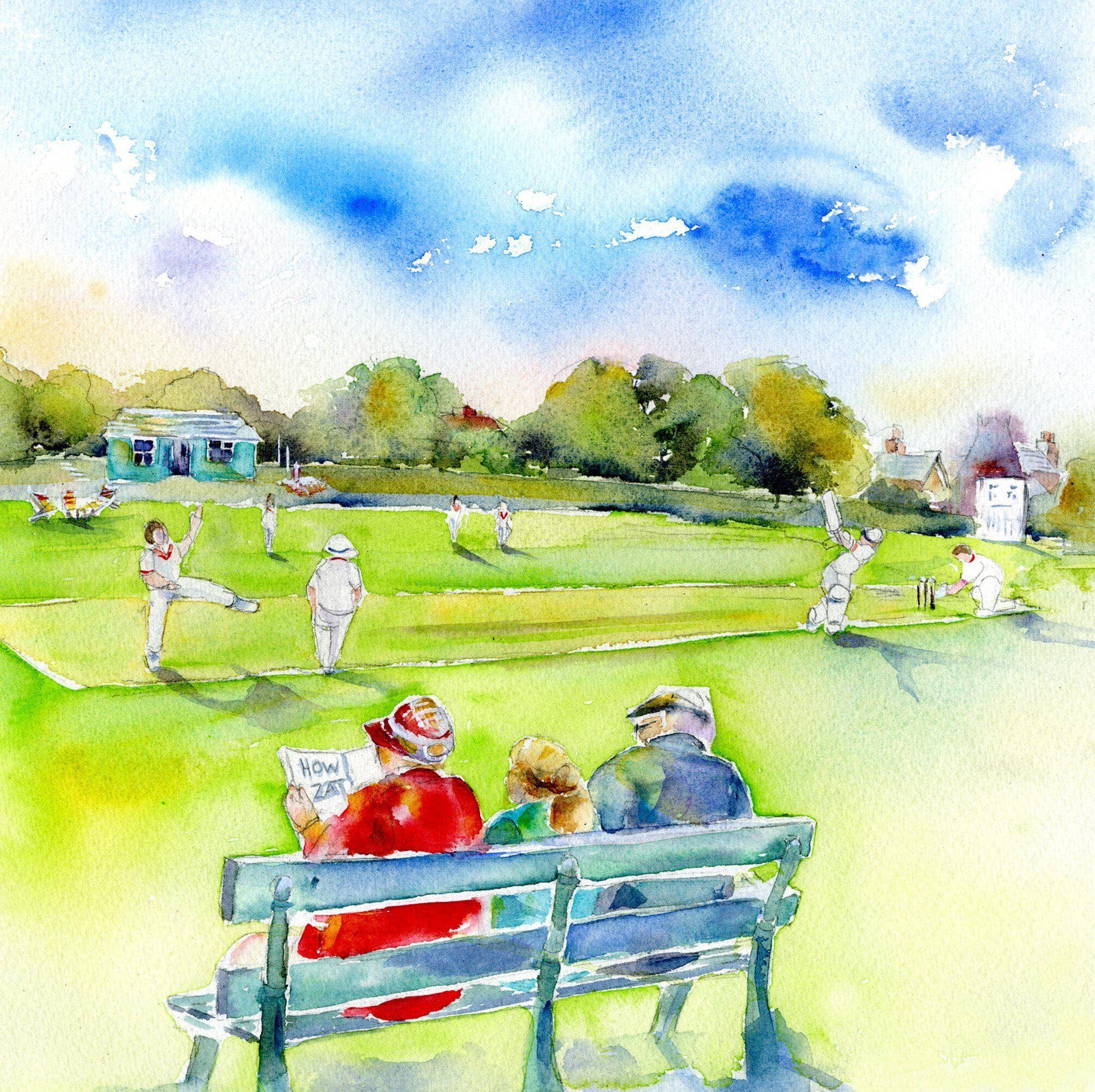 Cricket Match Greeting Card designed by artist Sheila Gill