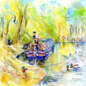 Cromford Canal Boat, Watercolour Derbyshire Landscape Art Print designed by artist Sheila Gill
