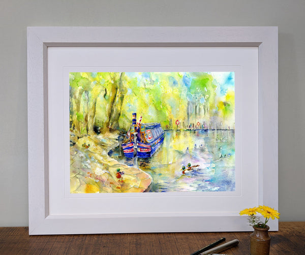 Cromford Canal LongBoat, Derbyshire Framed Art Print designed by artist Sheila Gill