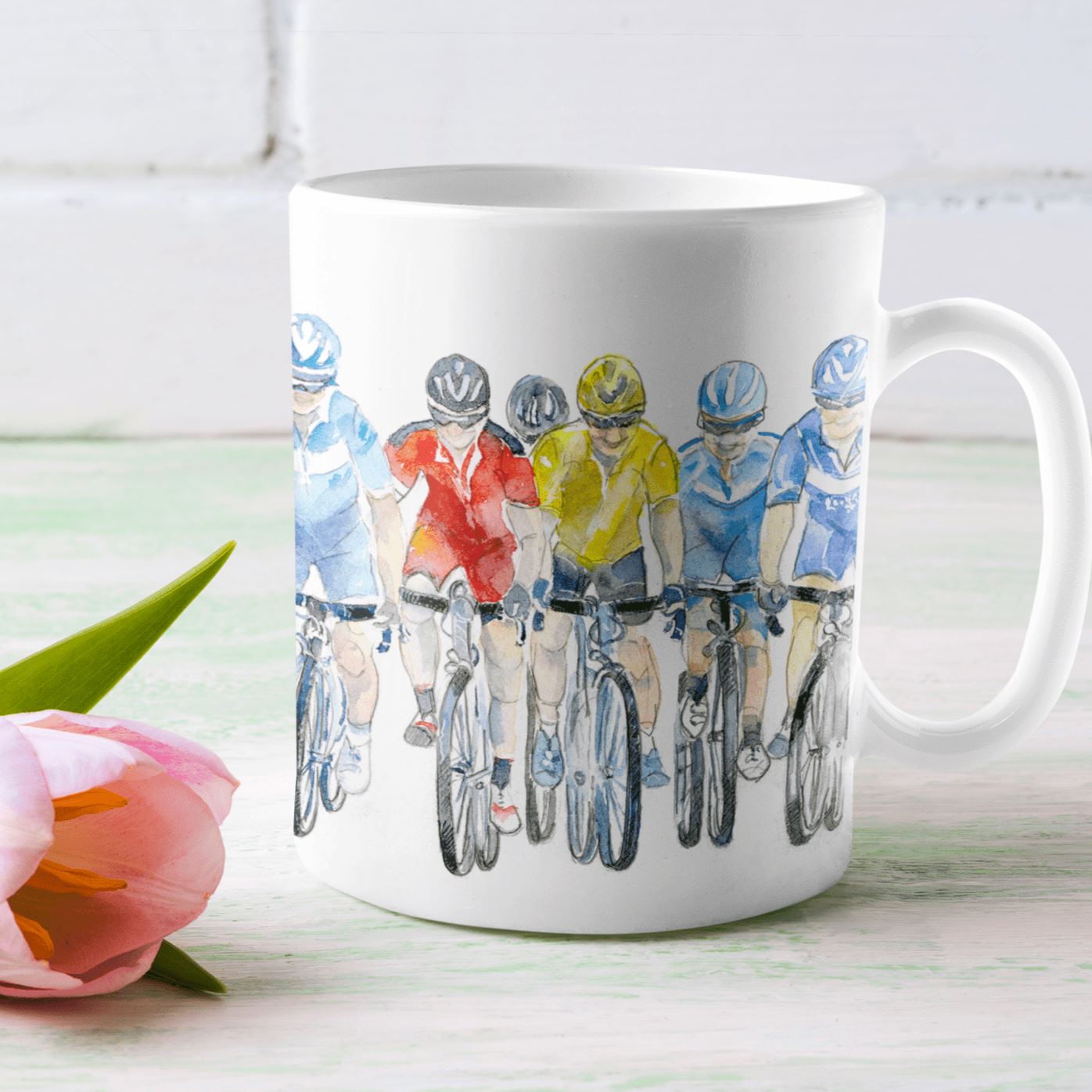 Colourful Cycling Ceramic Mug designed by artist Sheila Gill
