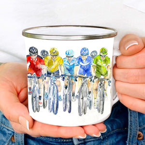 Cycling Enamel Tin Mug Colourful road racing cyclists designed by artist Sheila Gill
