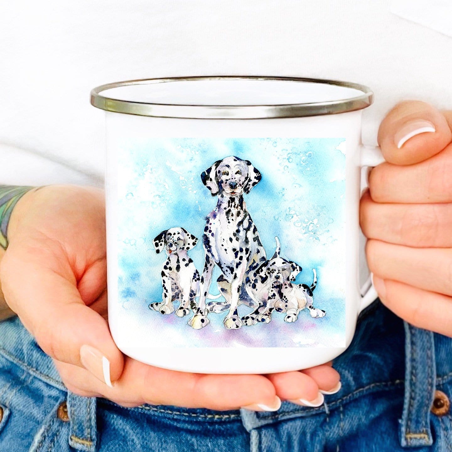 Black and White Dogs Dalmatians with puppies Enamel tin Mug designed by artist Sheila Gill
