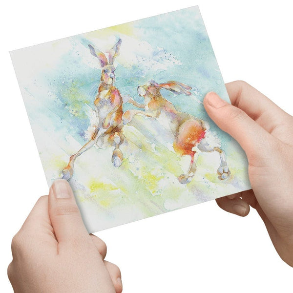 Dancing Hare Greeting Card designed by artist Sheila Gill