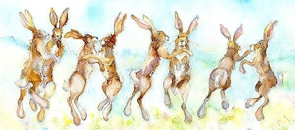 Dancing Hares Art Print designed by artist Sheila Gill
