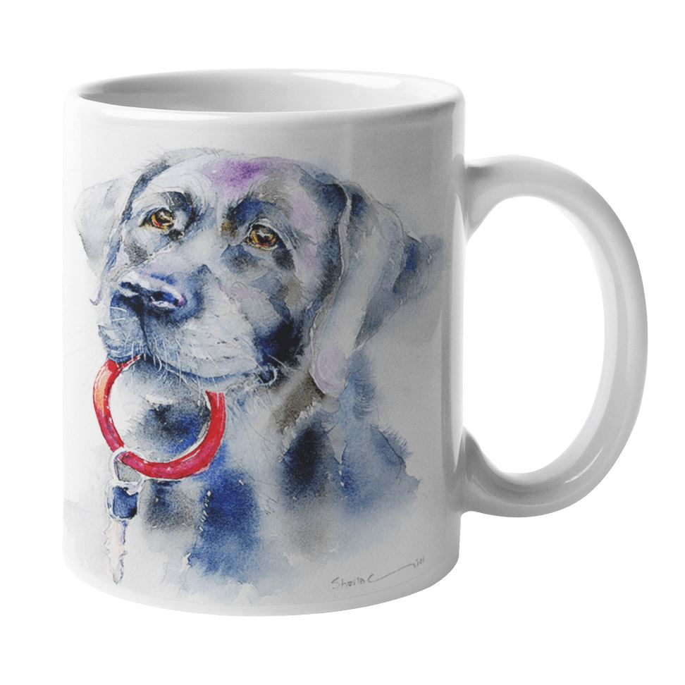 Black Labrador Dog Ceramic Mug Artist painted image designed by artist Sheila Gill
