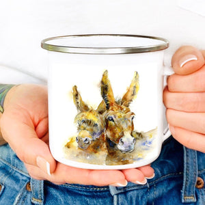 Two Brown Donkeys Enamel Tin Mug designed by artist Sheila Gill
