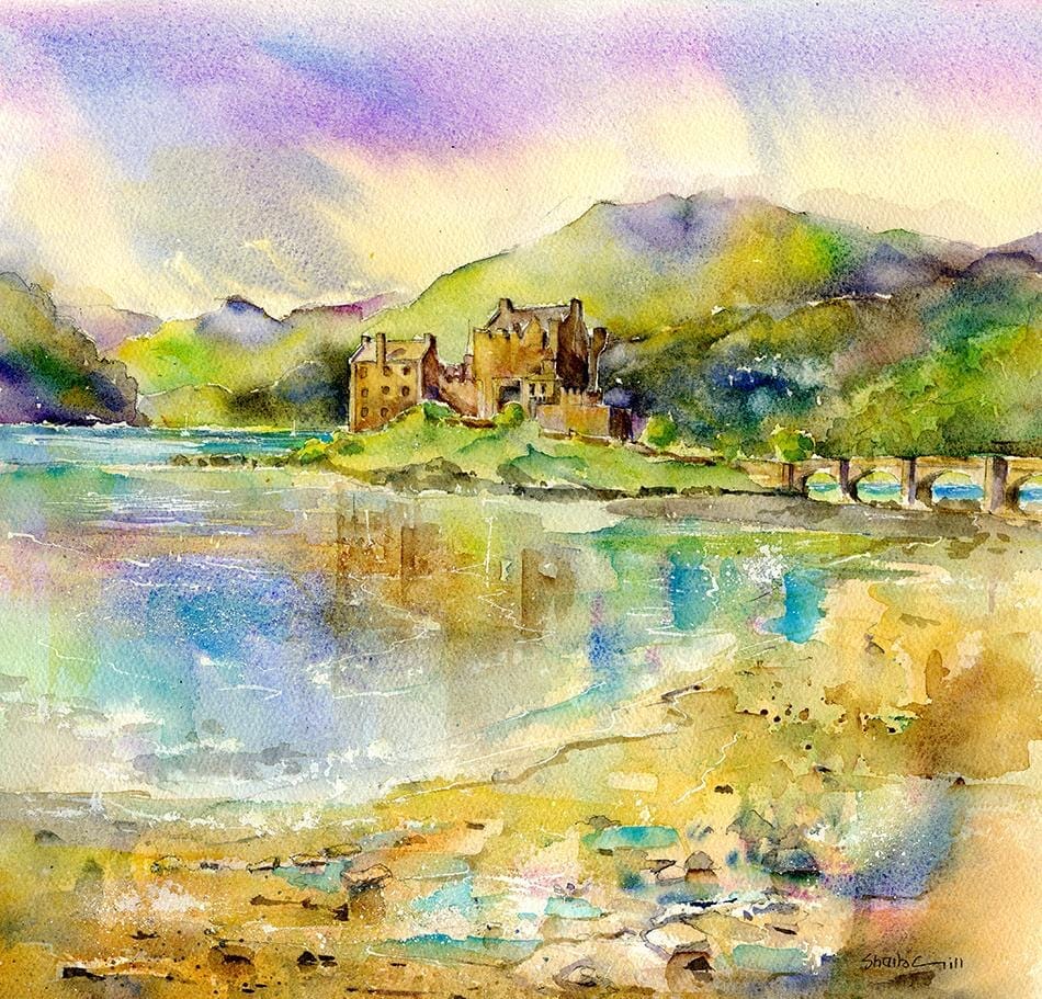 Eilean Donan Castle, Loch Duich Watercolour Art Print designed by artist Sheila Gill
