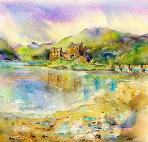Eilean Donan Castle, Loch Duich Watercolour Art Print designed by artist Sheila Gill
