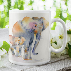 baby Elephant with mum Ceramic Mug designed by artist Sheila Gill