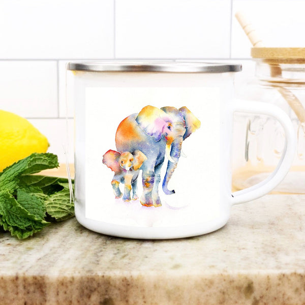 Elephants Enamel Mug designed by artist Sheila Gill
