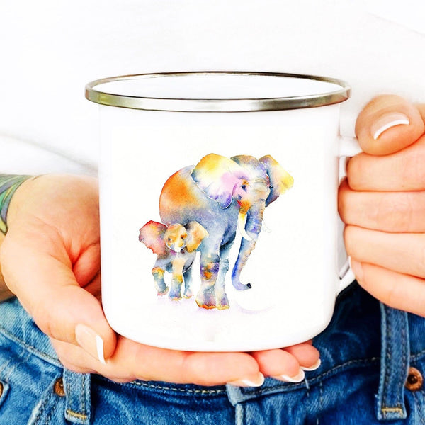 Elephants Mum and Baby Elephant Enamel Tin Mug designed by artist Sheila Gill
