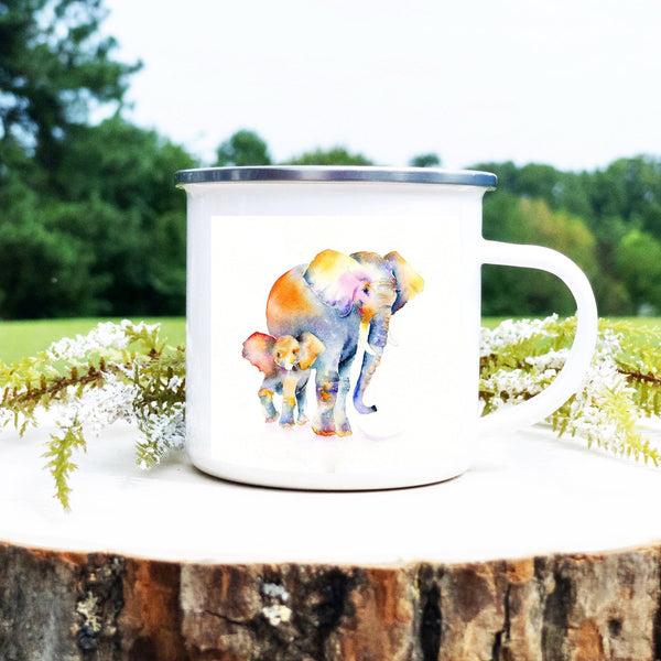 Elephants Enamel Mug Watercolour painted design by artist Sheila Gill