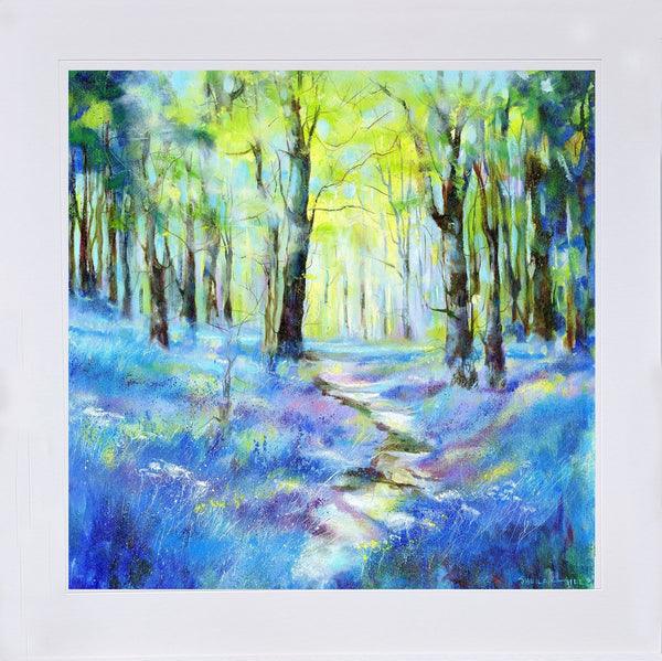 Bluebell Path Framed landscape Art Print designed by artist Sheila Gill