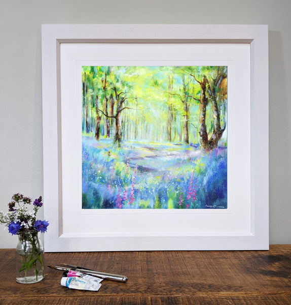 Enchanted Bluebell Wood Framed Landscape Art Print designed by artist Sheila Gill