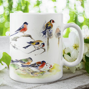 Finches Ceramic Mug Garden song Birds painted by artist Sheila Gill