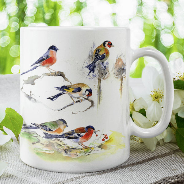Finches Ceramic Mug Garden song Birds painted by artist Sheila Gill