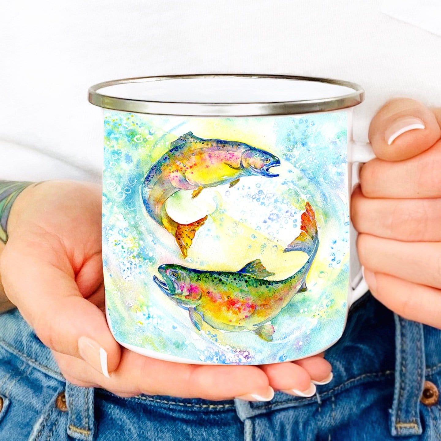 Fish Enamel Tin Mug Watercolour Trout Painted designed by artist Sheila Gill
