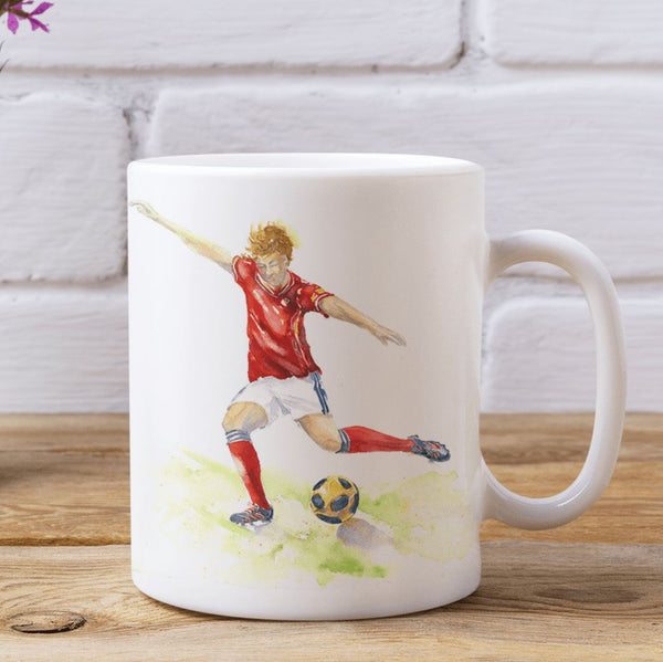 Red and White Football Player Ceramic Mug designed by artist Sheila Gill