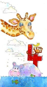 Four Today Birthday Card children's 4th birthday artist painted happy giraffe and hippo