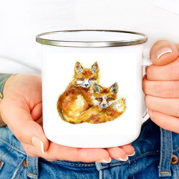 Wild Red Foxes Enamel Tin Mug designed by artist Sheila Gill
