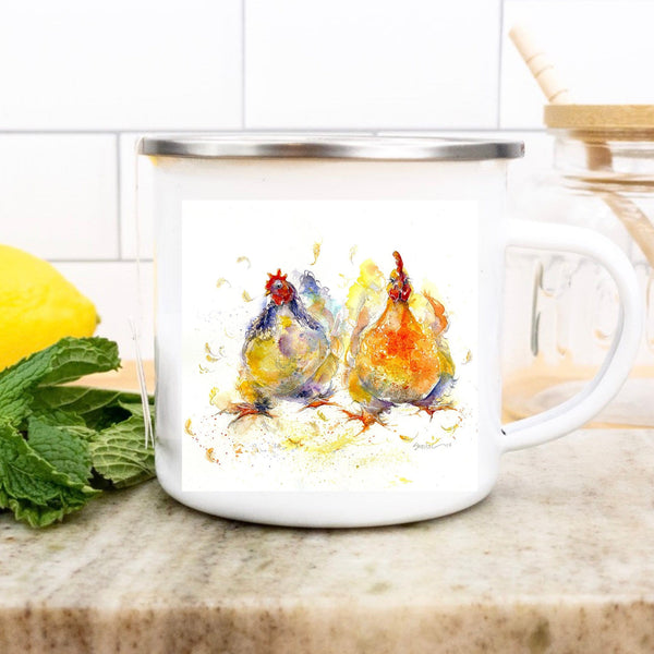 Chickens Enamel Tin Mug Watercolour painted designed by artist Sheila Gill