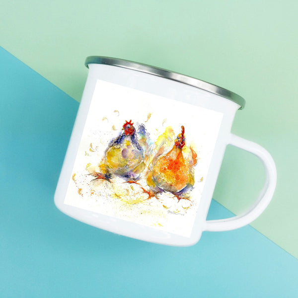 Chickens Enamel Mug designed by artist Sheila Gill