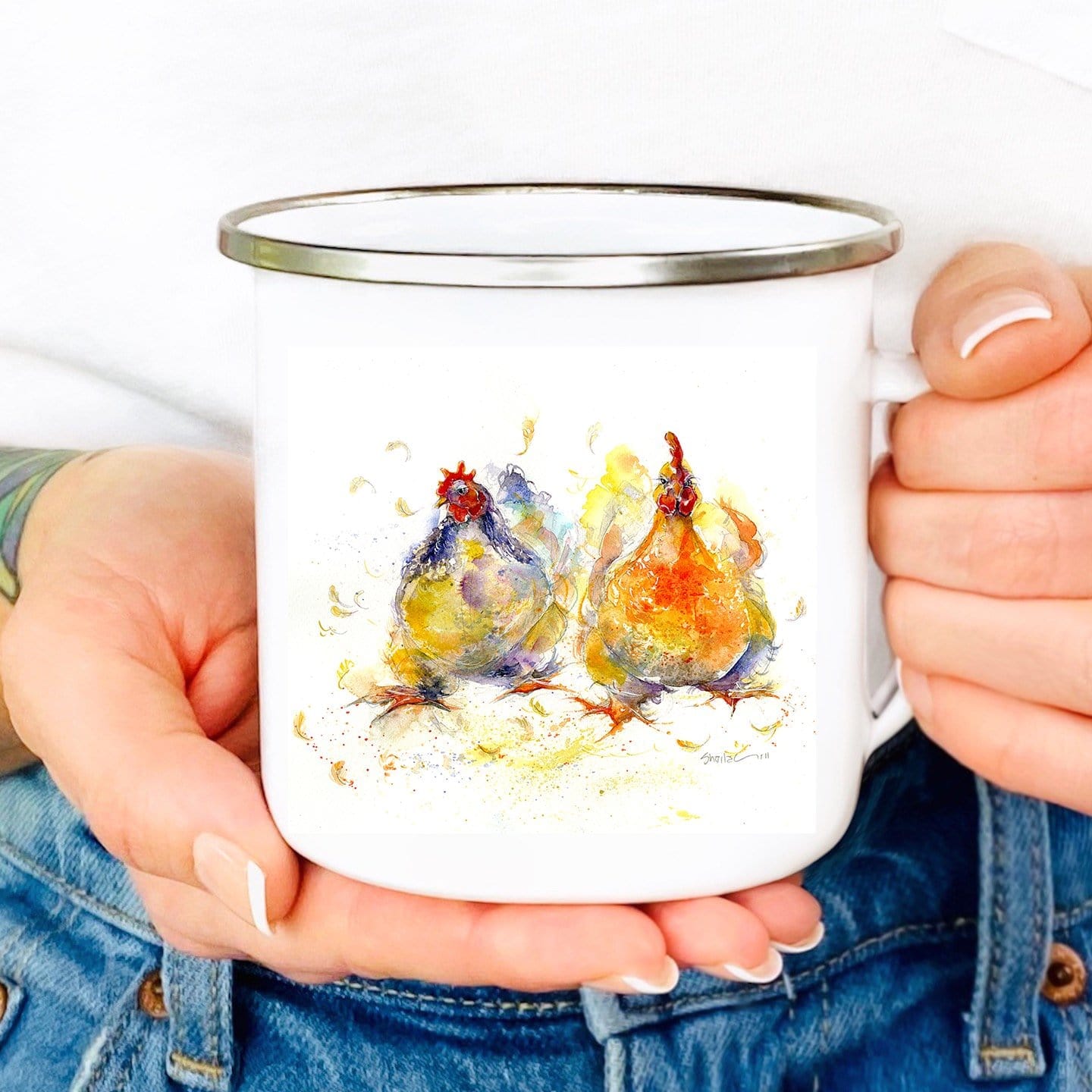 Farmyard Colourful Chickens Enamel Tin Mug designed by artist Sheila Gill
