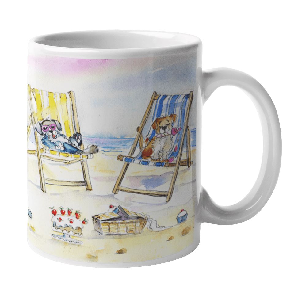 Dogs and Deckchairs Ceramic Mug artist painted by artist Sheila Gill
