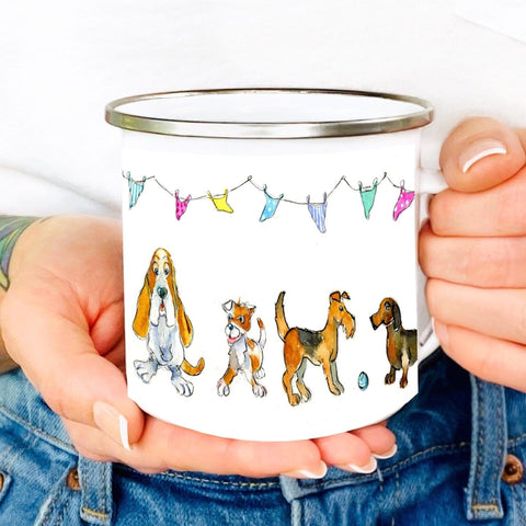 Cute funny Dogs Collection Enamel Tin Mug designed by artist Sheila Gill
