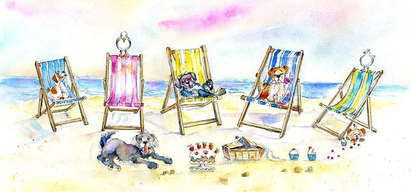 Dogs and Deckchairs On the beach  Enamel Mug Watercolour painted desig by artist Sheila Gill