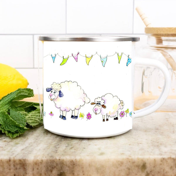 Sheep and lambs with bunting Enamel Mug designed by artist Sheila Gill