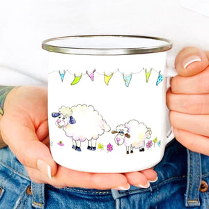 Wooly white Sheep Enamel Tin Mug with bunting designed by artist Sheila Gill
