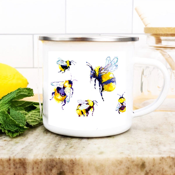 Bees Enamel Mug designed by artist Sheila Gill