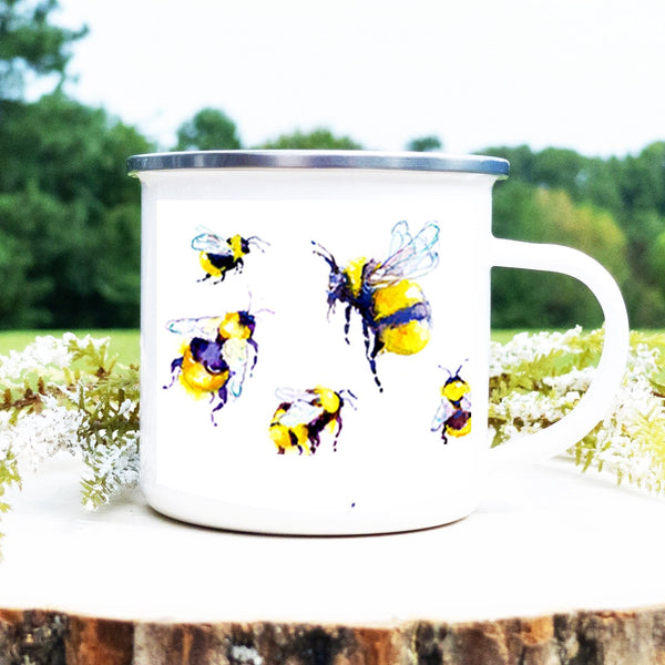 Honey Bees Enamel Mug designed by artist Sheila Gill