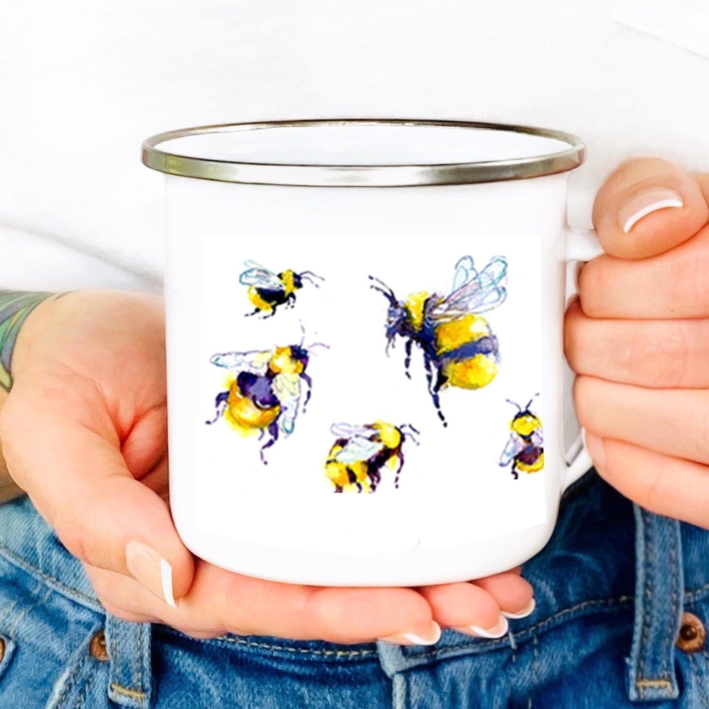 Buzzy Bumble Bees Enamel Mug designed by artist Sheila Gill
